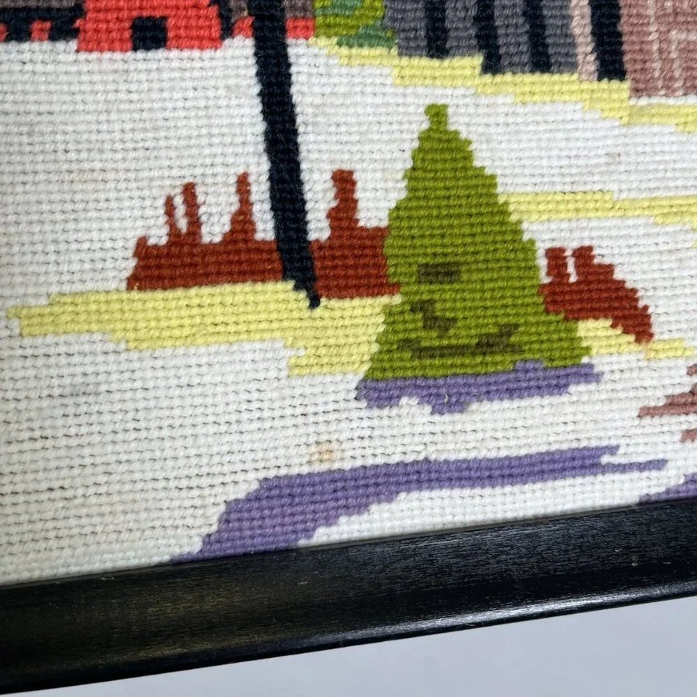 Vintage MCM Needlepoint Landscape Of Church Village Framed 17” X 12” Winter